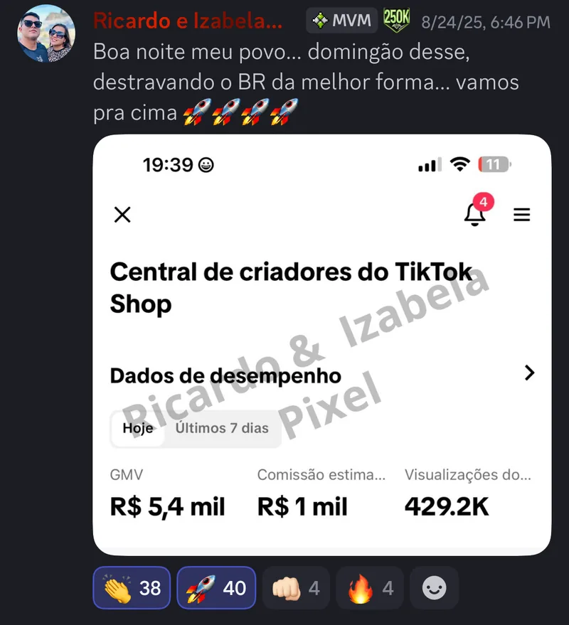Central de criadores do TikTok Shop do Ricardo e da Izabela